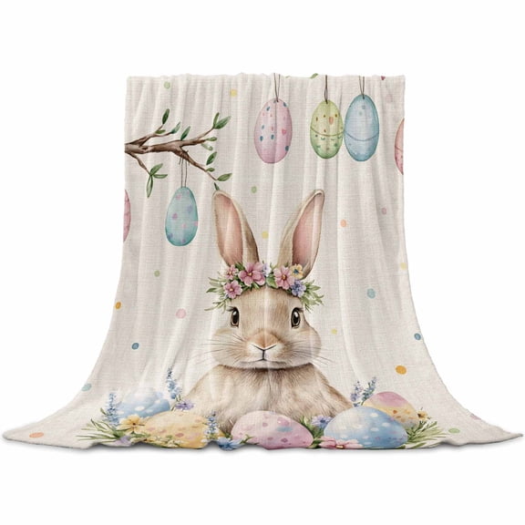 Flannel Throw Blanket for Couch Sofa Bed,Spring Easter Egg Rabbit on Linen Soft Cozy Warm Fuzzy Blanket 30x40in