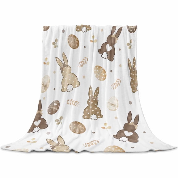 Flannel Throw Blanket for Couch Sofa Bed,Spring Easter Rabbit Brown Egg on White Soft Cozy Warm Fuzzy Blanket 30x40in