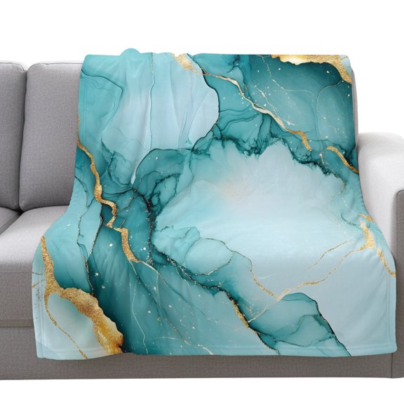 Flannel Throw Blanket for Couch Sofa Bed,Teal Marble Gold Foil Soft Cozy Warm Fuzzy Blanket 40x50in