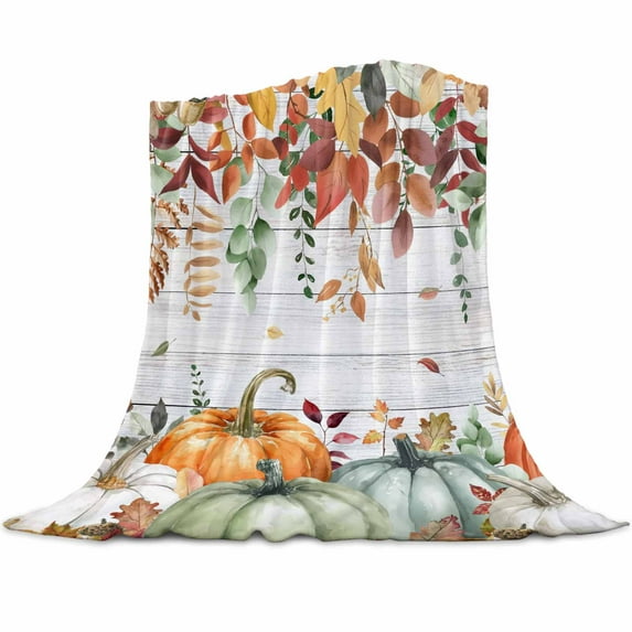 Flannel Throw Blanket for Couch Sofa Bed,Thanksgiving Pumpkin Fall Leaves Soft Cozy Warm Fuzzy Blanket 60x80in,Lightweight Fleece Blanket