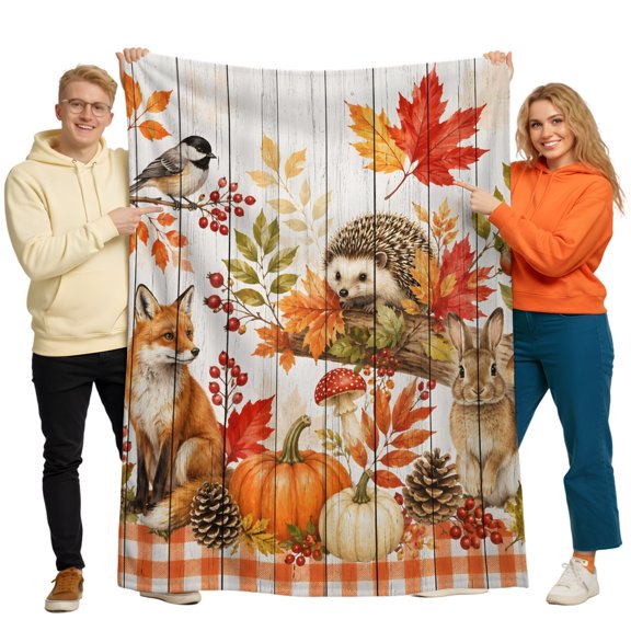 Flannel Throw Blanket for Couch Sofa Bed, Thanksgiving Red Fox Rabbit Hedgehog Soft Cozy Warm Fuzzy Blanket 30x40in