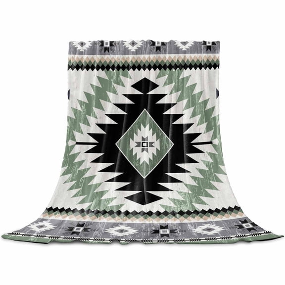 Flannel Throw Blanket for Couch Sofa Bed,Vintage Aztec Sage Green Geometric Soft Cozy Warm Fuzzy Blanket 30x40in