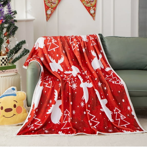 Flannel Throw Blanket with Reindeer for Couch, Bed, Holiday Decor (60x80 Inches)