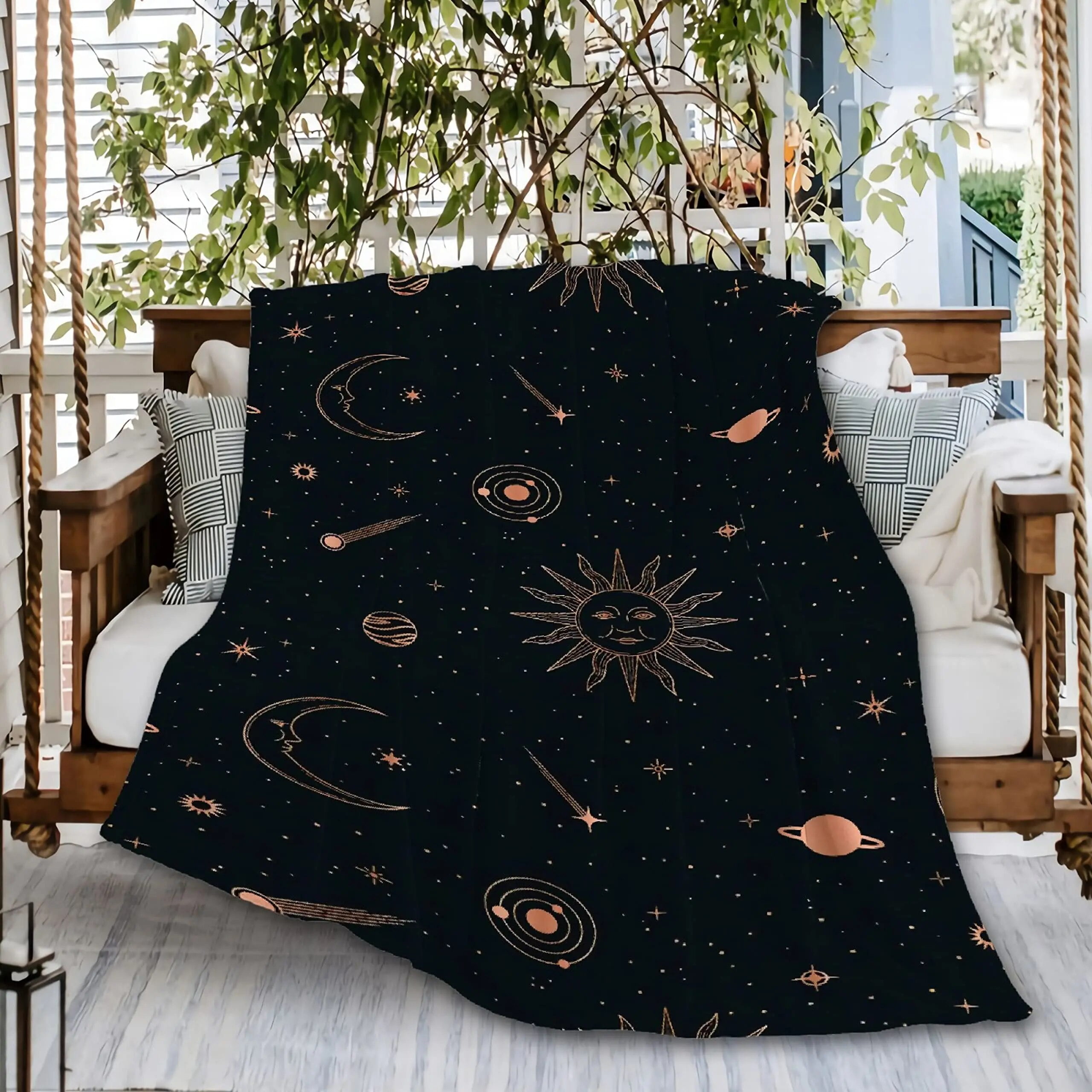 Flannel Throw Blankets Boho Chic Golden Sun Moon and Stars Blue Black