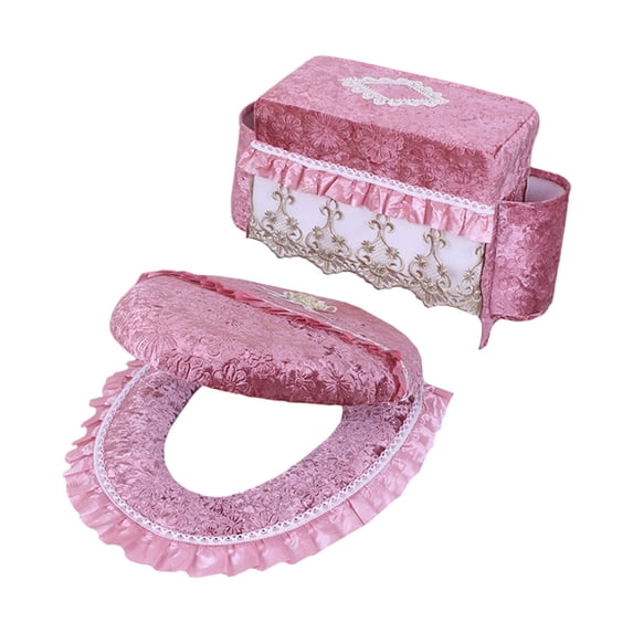 Flannel Toilet Tank Cover, Plush Toilet Lid Cover With Side Pockets, Bathroom Decor (Pink)