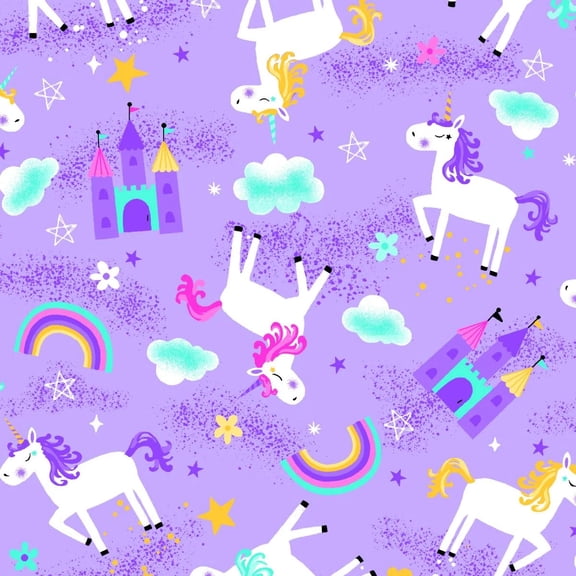 Flannel Unicorns Rainbows Clouds Castles Fantasy Stars on Purple Comfy Print AE Nathan Flannel Fabric Print by the Yard (1082-55)