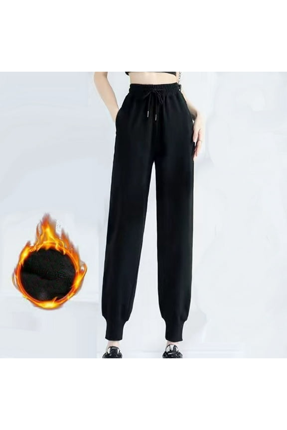 Flannel Warm Ankle Pants, Women's Casual Sports Pants with Drawstring & Pockets, Non Fading Non Pilling Fleece Lined Lounge Pants for Winter, Cozy Gifts for Women | Sopatenor,Black XL