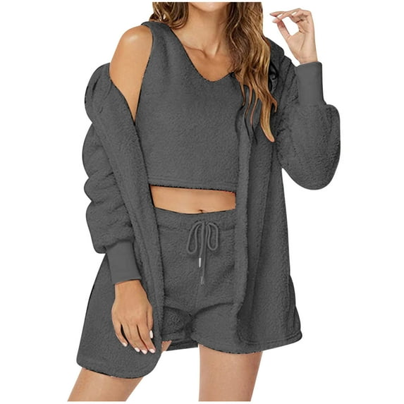Flannel Warm Winter Lounge Sets for Women Solid 3PC Fleece Sherpa Pajamas Set Comfy Shorts Cropped Tops and Bathrobe Suits