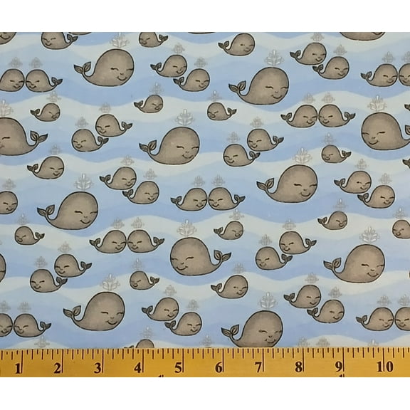 Flannel Whales Ocean Animals Fish Nautical Kids Children's Blue Comfy Prints by AE Nathan Cotton Flannel Fabric Print by the Yard (1048-11)