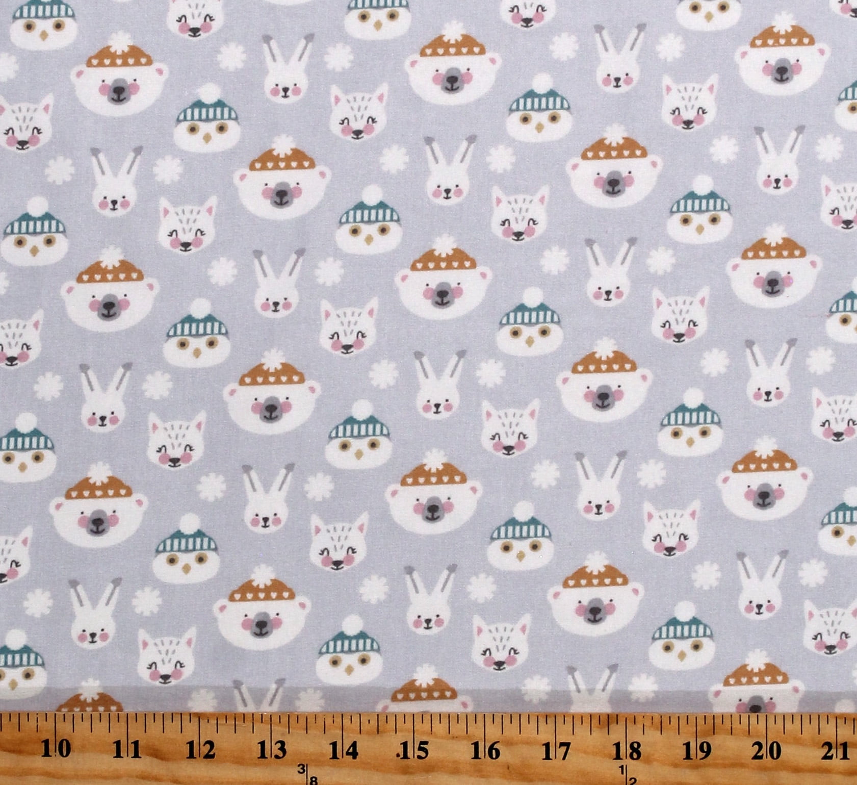 Flannel Winter Animals Faces Polar Bears Penguins Rabbits Bunnies Snow Snuggles Dove Gray Kids Cotton Flannel Fabric Print by the Yard (WELF-20964-412DOVE)