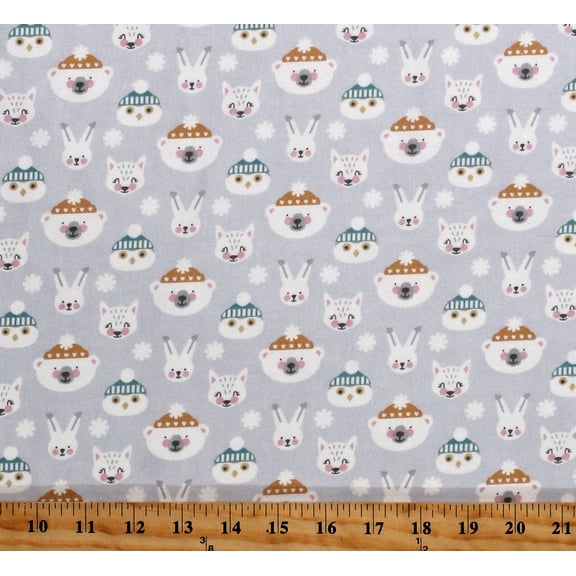 Flannel Winter Animals Faces Polar Bears Penguins Rabbits Bunnies Snow Snuggles Dove Gray Kids Cotton Flannel Fabric Print by the Yard (WELF-20964-412DOVE)