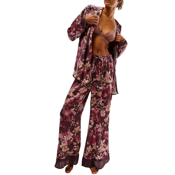 Flannel Women's Pajamas Silk Satin Pajamas Set For Women 2 Piece Floral Wide Leg Pants Set Long Sleeve Button Down Pj Shirts Set, Women Pajama Sets L