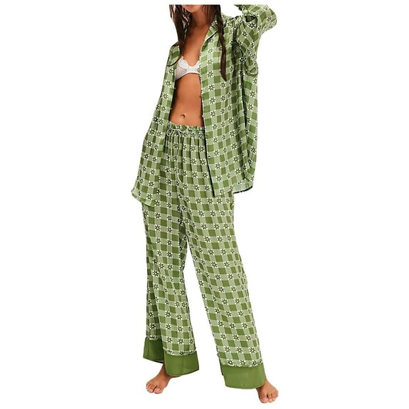 Flannel Women's Pajamas Silk Satin Pajamas Set For Women 2 Piece Floral Wide Leg Pants Set Long Sleeve Button Down Pj Shirts Set, Women Pajama Sets S