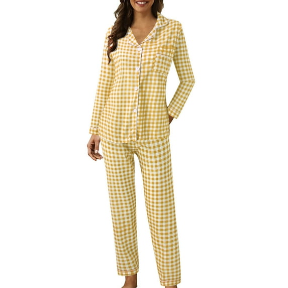 Flannel Women's Pajamas Women Casual Lapel Button Plaid Print Two Piece Long Sleeve Pajamas Pajamas Suit, Women Pajama Sets M