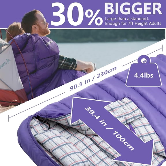 Flannel XXL Sleeping Bag (90.5" x 39.4") for Adults 3 Seasons with Pillow Compressing Sack for Hiking Camping Backpacking Outdoor