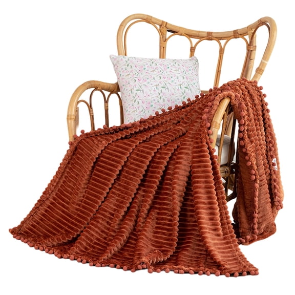 Flannel blanket with Pom Pom edge, light and cozy bed blanket, soft plaid, fits sofa, suitable for all seasons (51x63)