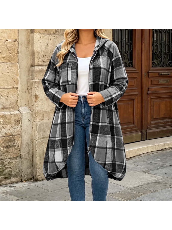 Flannel plaid shacket jacket women long Zip Up jackets Long Sleeve Hooded high low hem coats Oversized Casual Fall Winter Outerwear with Pockets