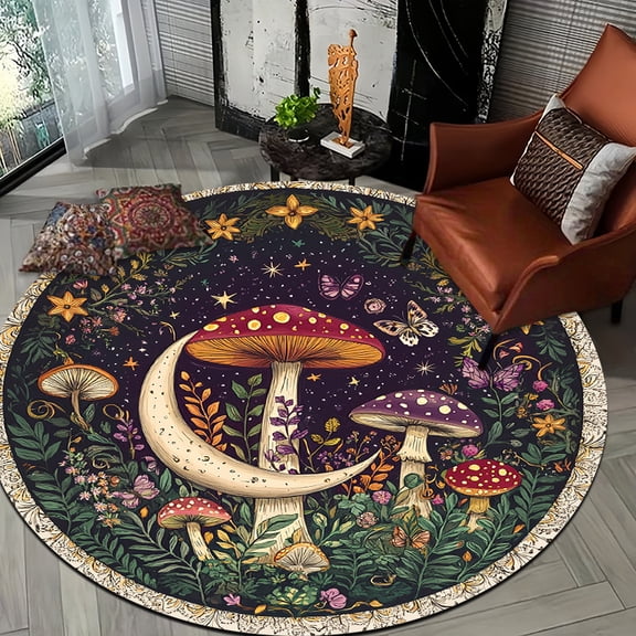 Flannel rug 2D Flat Fantasy Round Rug, Mushrooms & Moon Design, Non-Slip Machine Washable Door Mat, Lightweight Home Decor for Deck, Solarium, Craft Room, Office, Ideal for Fantasy Style Lovers