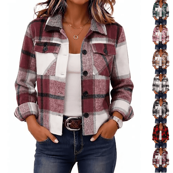 Flannels For Women Cropped Shacket Jacket Fashion Plaid Fall Coat Button Down Crop Jacket Trendy Clothes Fall Winter Outwear