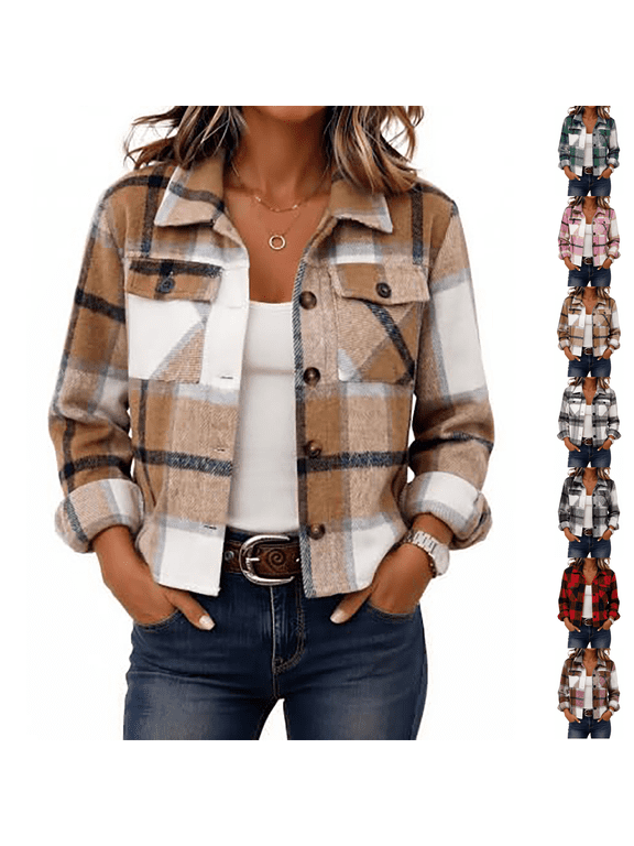 Flannels For Women Cropped Shacket Jacket Fashion Plaid Fall Coat Button Down Crop Jacket Trendy Clothes Fall Winter Outwear