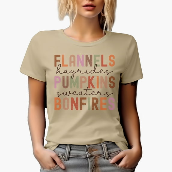 Flannels, Hayrides, Pumkins, Sweaters, Bonfires, Autumn or Fall Merch Gift, Tan T-Shirt, Medium