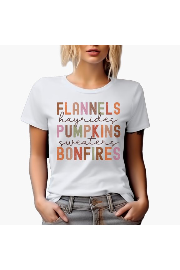 Flannels, Hayrides, Pumkins, Sweaters, Bonfires, Autumn or Fall Merch Gift, White T-Shirt, Large