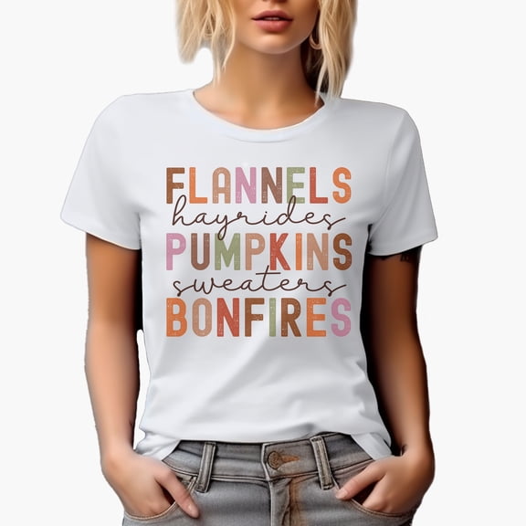 Flannels, Hayrides, Pumkins, Sweaters, Bonfires, Autumn or Fall Merch Gift, White T-Shirt, XL