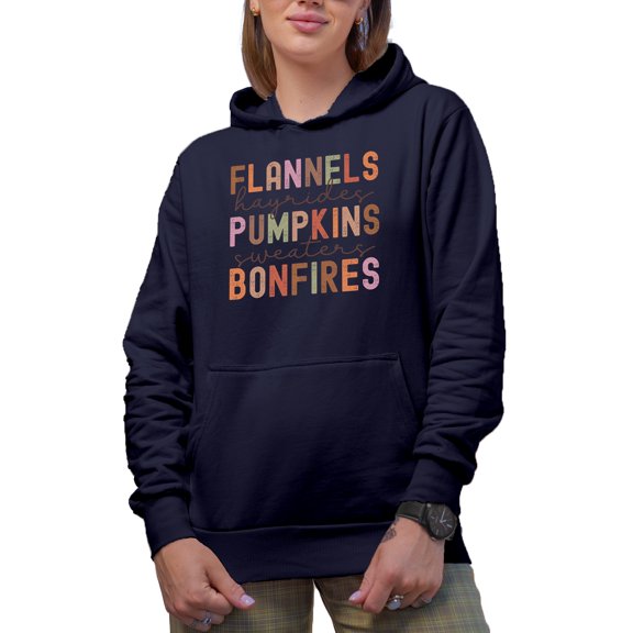 Flannels, Hayrides, Pumkins, Sweaters, Bonfires, Fall or Autumn Merch Gift, Navy Blue Hooded Sweatshirt or Hoodie, XL