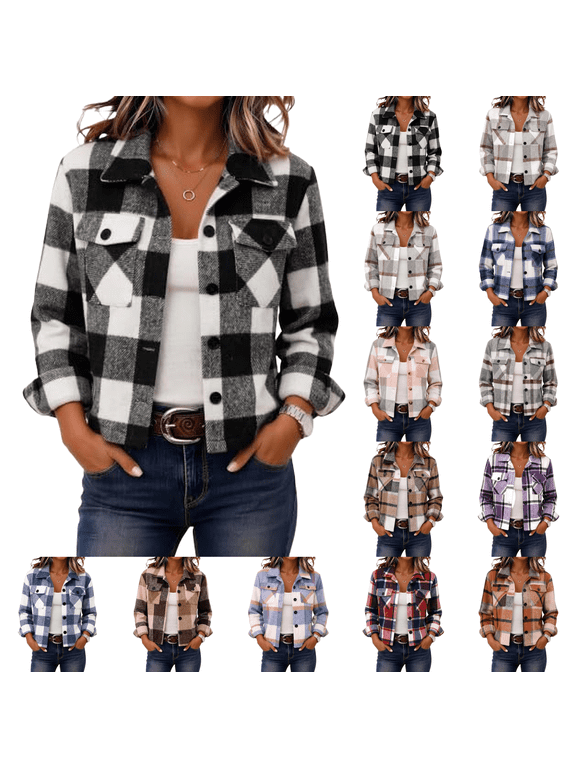 Flannels Shacket Women Cropped Jacket Fashion Plaid Fall Coat Button down Crop Trendy Winter Outwear Black S