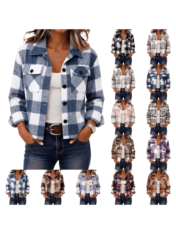 Flannels Shacket Women Cropped Jacket Fashion Plaid Fall Coat Button down Crop Trendy Winter Outwear Blue S