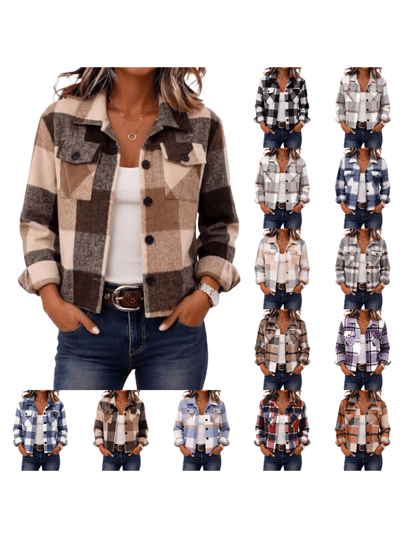 Flannels Shacket Women Cropped Jacket Fashion Plaid Fall Coat Button down Crop Trendy Winter Outwear Brown 2XL