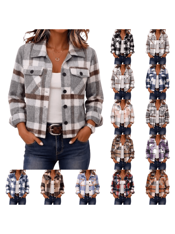 Flannels Shacket Women Cropped Jacket Fashion Plaid Fall Coat Button down Crop Trendy Winter Outwear Dark Gray S