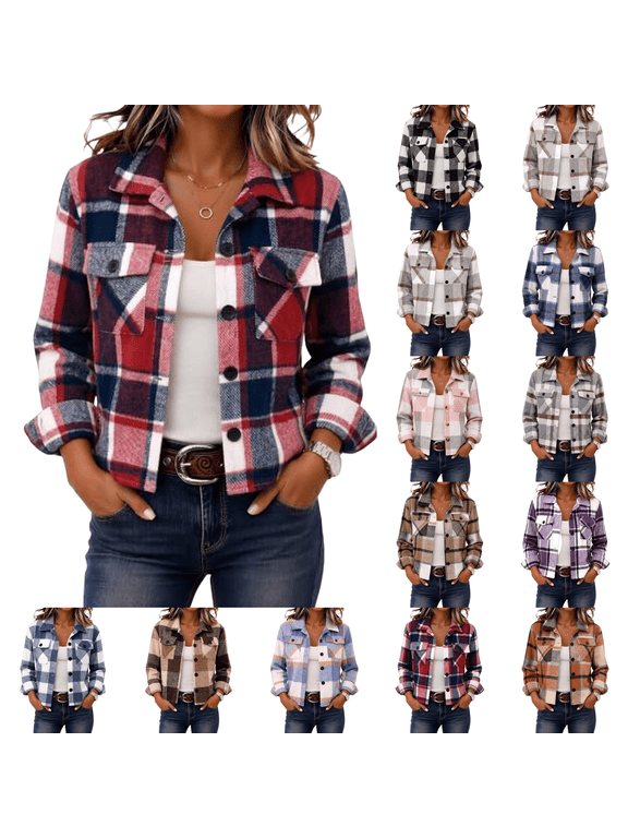 Flannels Shacket Women Cropped Jacket Fashion Plaid Fall Coat Button down Crop Trendy Winter Outwear Red L