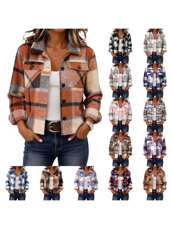 Flannels Shacket Women Cropped Jacket Fashion Plaid Fall Coat Button down Crop Trendy Winter Outwear Vermilion S