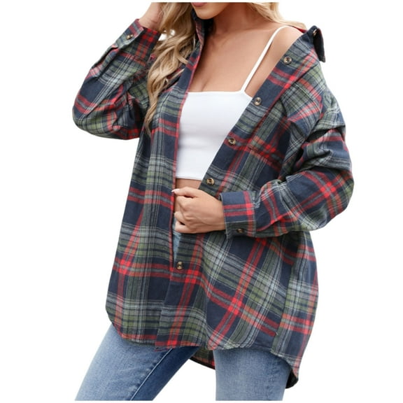 Flannels for Women Cropped Shacket Jacket Casual Lapel Button Pocket Plaid Long Sleeved Shirt Top Jacket Fall Fashion Plaid Shirt Blouses Women Navy,S