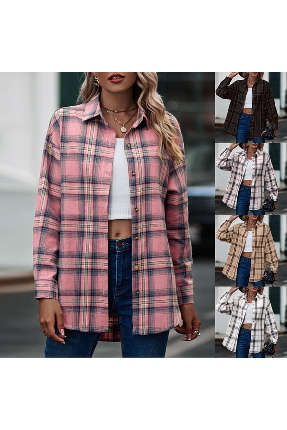 Flannels for Women Cropped Shacket Jacket Fashion Print Casual Long Sleeve Turndown Collar Button Shirt Tops Long Sleeve Shirt Jacket Coats with Pockets Pink,S