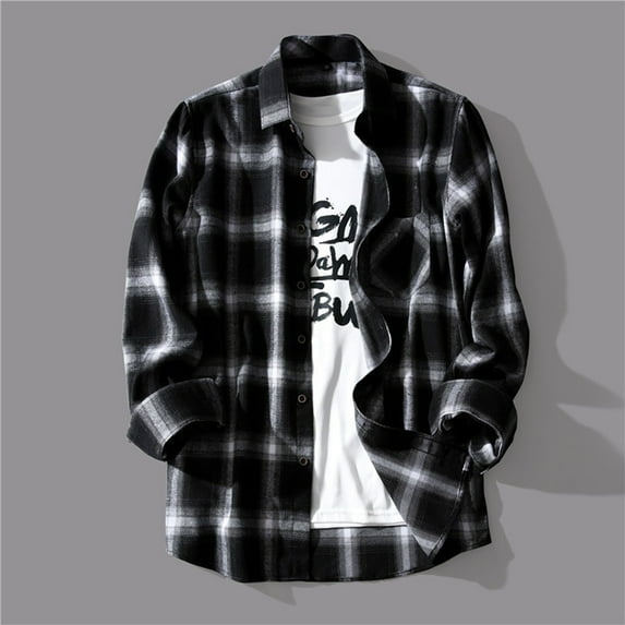 Flannels for Men Long Sleeve Classic Trendy Plaid Shirt Jacket Button Up Lapel Neck Flannel Shacket Tops (2XL, Black)