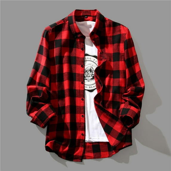 Flannels for Men Long Sleeve Classic Trendy Plaid Shirt Jacket Button Up Lapel Neck Flannel Shacket Tops (2XL, Red)