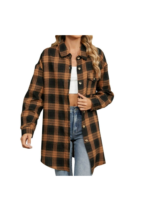 Flannels for Women Cropped Shacket Jacket Fashion Casual Print Short Sleeve Round-Neck Blouses Shirts Winter Clothing Woolen Coats Brown,M