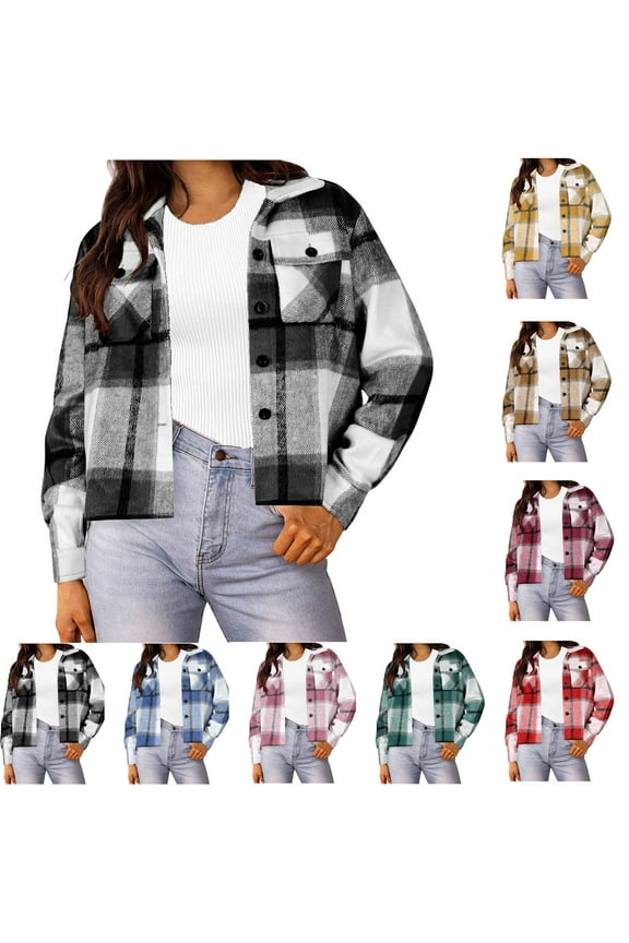 Flannels for Women Cropped Shacket Jacket Fashion Plaid Button Down Shirt 2025 Fall Coat Tops Ndbuld ,Black,M