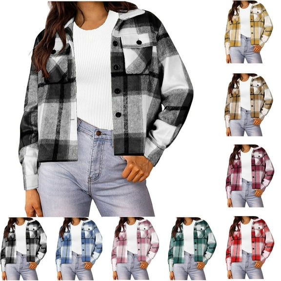 Flannels for Women Cropped Shacket Jacket Fashion Plaid Button Down Shirt 2025 Fall Coat Tops Ndbuld ,Black,S