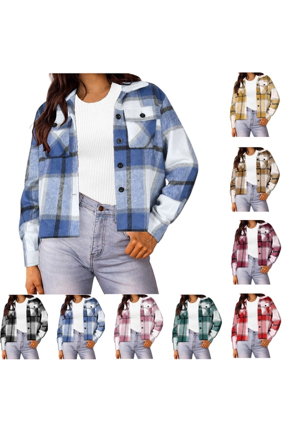 Flannels for Women Cropped Shacket Jacket Fashion Plaid Button Down Shirt 2025 Fall Coat Tops Ndbuld ,Blue,L