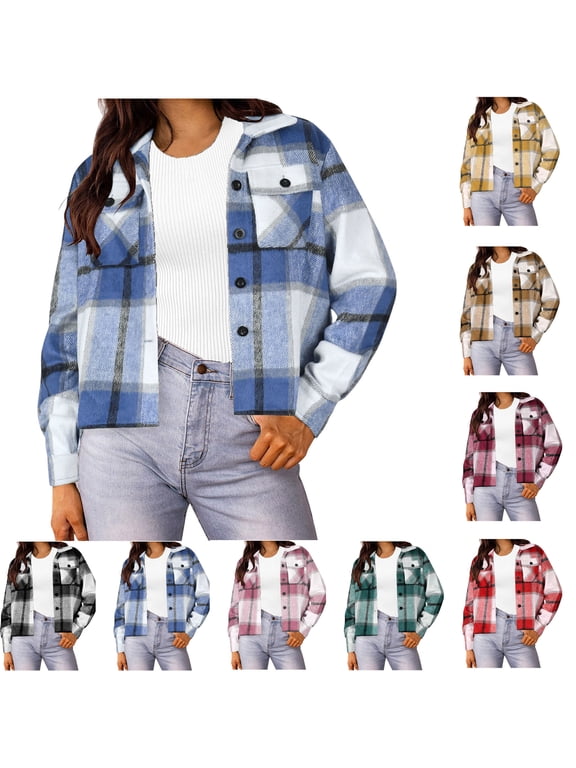 Flannels for Women Cropped Shacket Jacket Fashion Plaid Button Down Shirt 2025 Fall Coat Tops Ndbuld ,Blue,XL