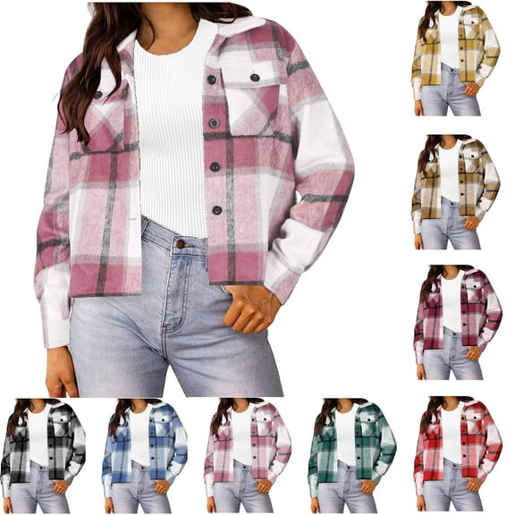 Flannels for Women Cropped Shacket Jacket Fashion Plaid Button Down Shirt 2025 Fall Coat Tops Ndbuld ,Pink,S
