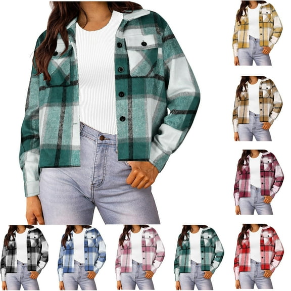 Flannels for Women Cropped Shacket Jacket Fashion Plaid Button Down Shirt 2025 Fall Coat Tops Ndbuld ,Purple,M
