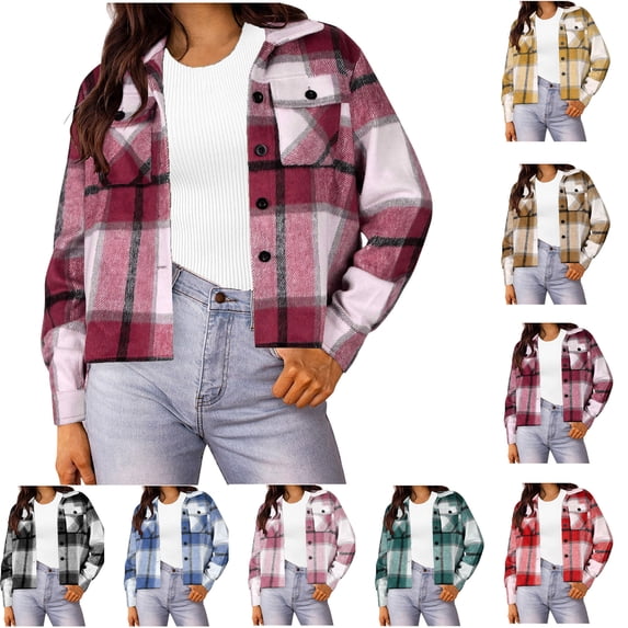 Flannels for Women Cropped Shacket Jacket Fashion Plaid Button Down Shirt 2025 Fall Coat Tops Ndbuld ,Red,L