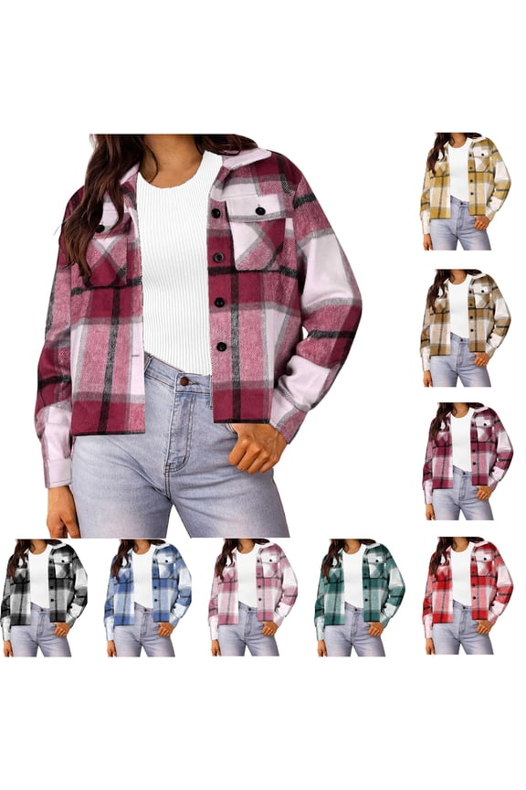Flannels for Women Cropped Shacket Jacket Fashion Plaid Button Down Shirt 2025 Fall Coat Tops Ndbuld ,Red,M