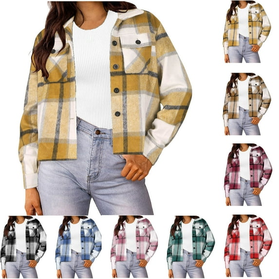 Flannels for Women Cropped Shacket Jacket Fashion Plaid Button Down Shirt 2025 Fall Coat Tops Ndbuld ,Yellow,3XL