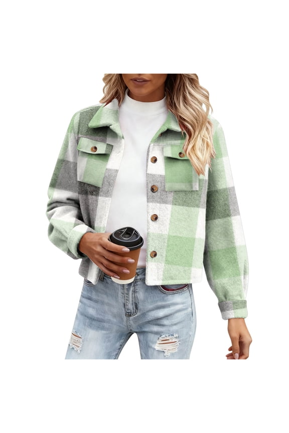 Flannels for Women Cropped Shacket Jacket Fashion Plaid Button Down Shirt 2025 Fall Coat Tops