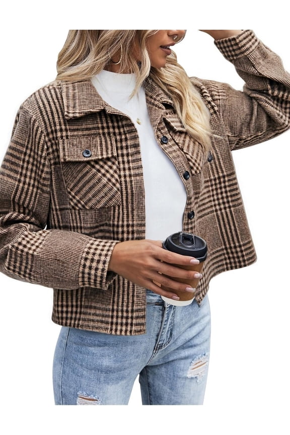 Flannels for Women Cropped Shacket Jacket Fashion Plaid Button Down Shirt 2025 Fall Coat Tops